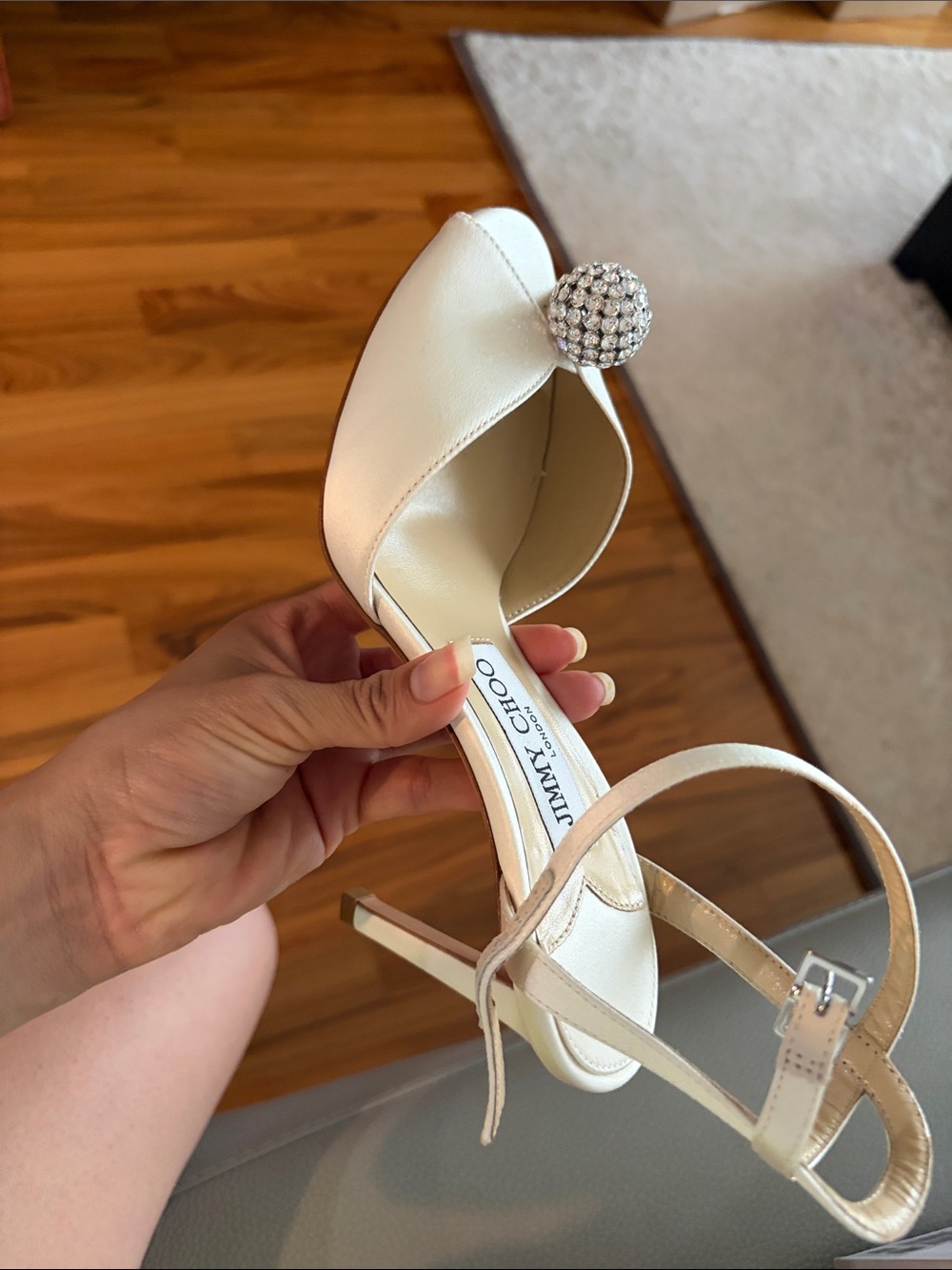 Jimmy Choo Ivory Satin Stiletto Sandals with Crystal Ball Accent - Picture 1 of 8